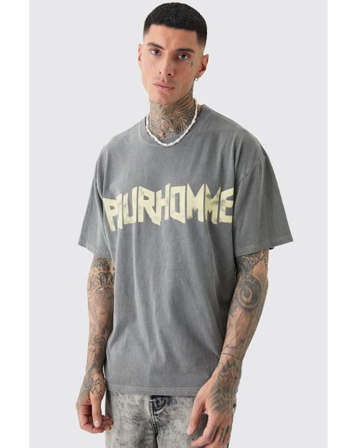 BoohooMAN Gray Tall Oversized Washed Pour Homme Print T-shirt for men