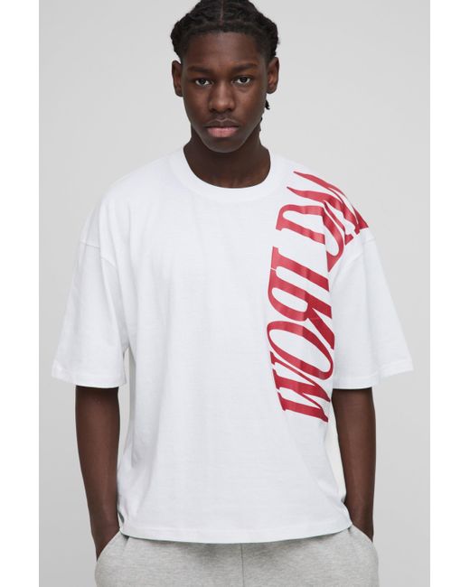BoohooMAN White Oversized Boxy Worldwide Over Seam Print T-Shirt for men