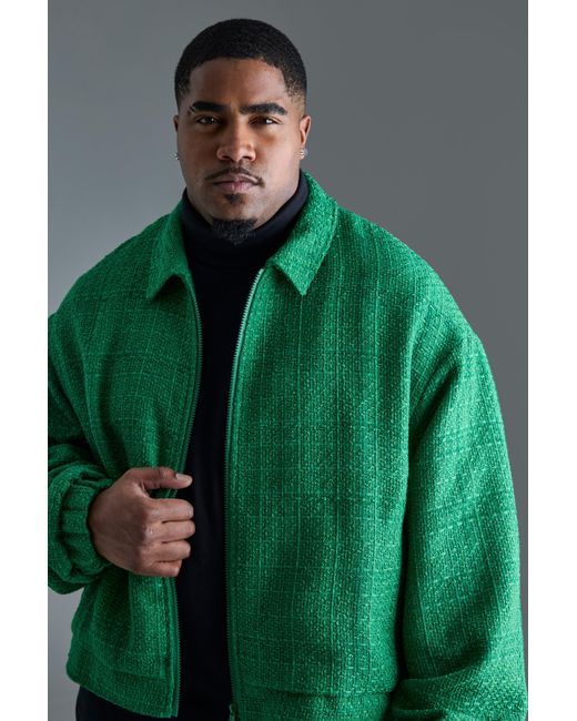 BoohooMAN Green Plus Oversized Boxy Boucle Zip Through Jacket for men