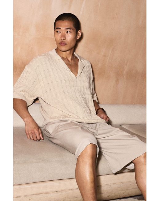 BoohooMAN Kastiges Oversize Zopfmuster-Poloshirt mit Kragen in Natural für Herren