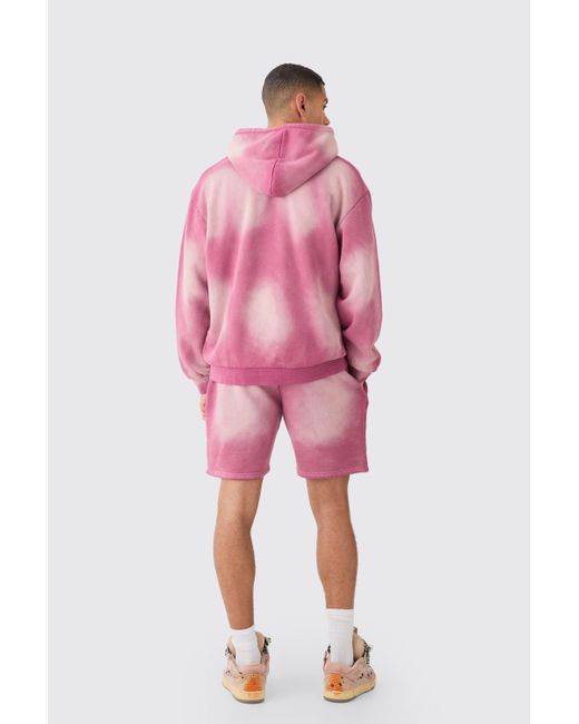 BoohooMAN Pink Oversized Sun Bleach Zip Through Hooded Short Tracksuit for men