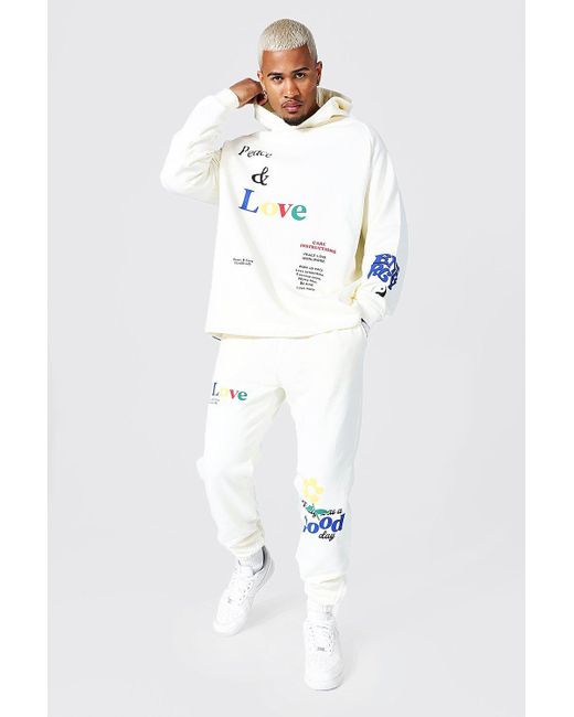 BoohooMAN Cotton Oversized Peace And Love Hoodie Tracksuit in White for Men  | Lyst