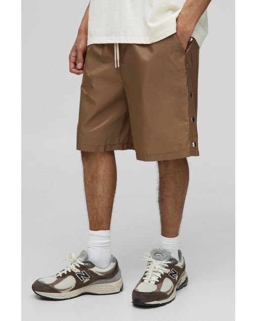 BoohooMAN Brown Elasticated Waist Relaxed Fit Nylon Popper Detail Shorts for men