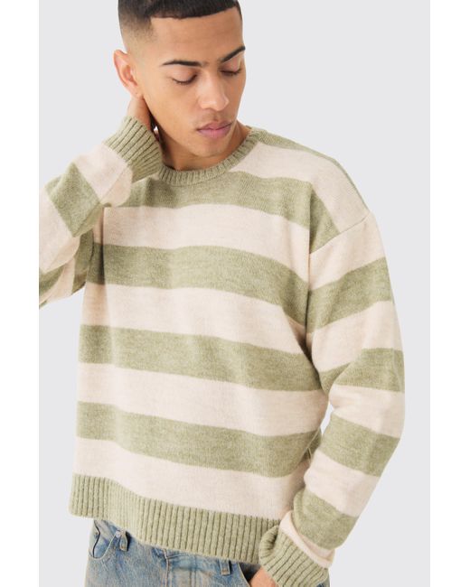 BoohooMAN Natural Oversized Boxy Stripe Knit Sweater In Green for men