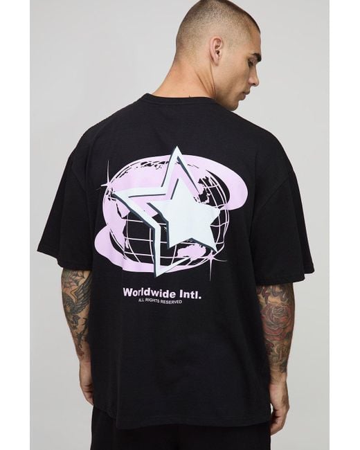 BoohooMAN Black Oversized Official Globe Star Print T-Shirt for men
