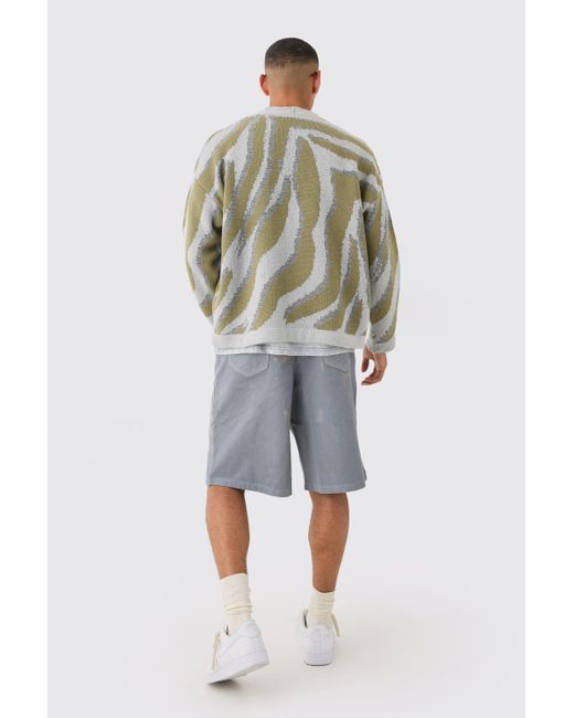 BoohooMAN Gray Boxy Oversized Brushed Abstract All Over Jacquard Cardigan for men
