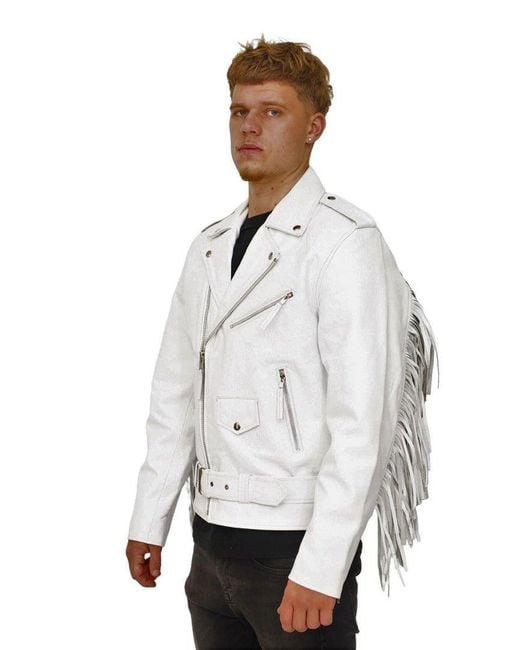 BoohooMAN White Infinity Leather Fringe Hide Leather Biker Jacket- Tokyo for men