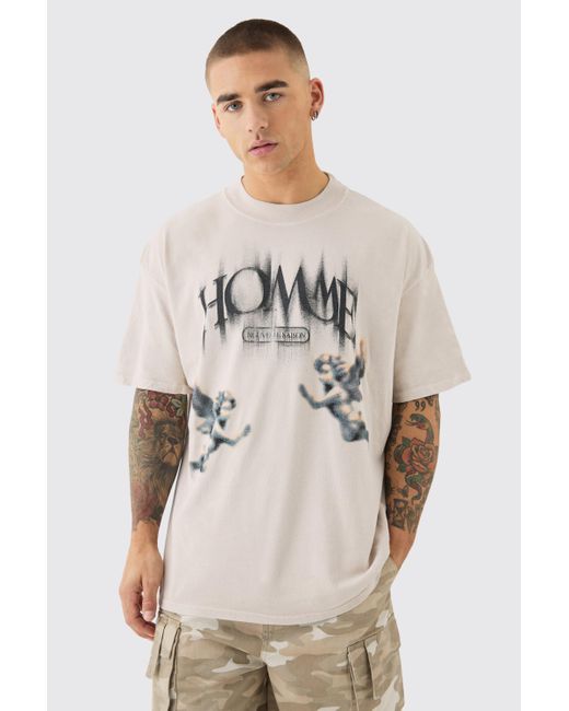 BoohooMAN Natural Oversized Washed Blurred Renaissance T-shirt for men
