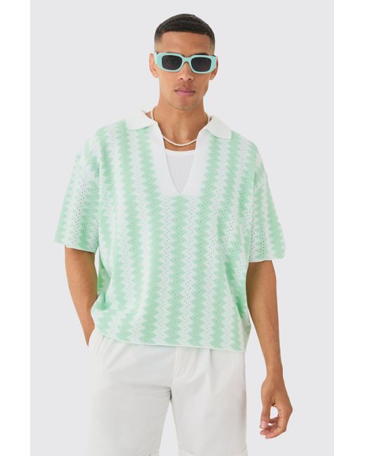 BoohooMAN Green Oversized Boxy Drop Revere Open Stitch Stripe Polo In White for men