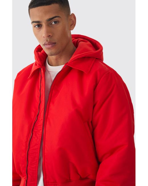 BoohooMAN Collared Nylon Boxy Bomber Jacket With Jersey Hood In Red for men