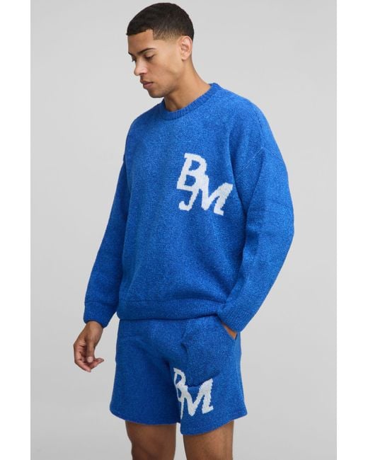 BoohooMAN Men's Blue Boxy Fit Boucle Bm Knitted Sweater And Shorts Set