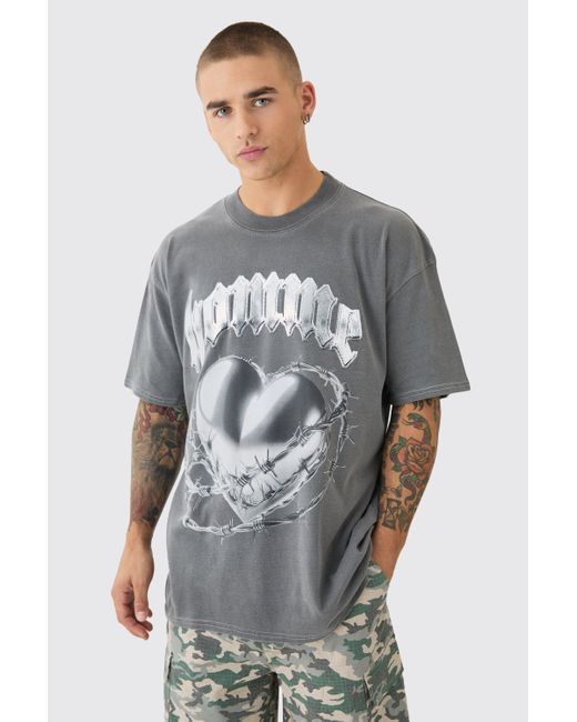 BoohooMAN Gray Oversized Washed Gothic Heart Graphic T-shirt for men