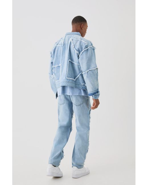 Boohoo Distressed Patchwork Relaxed Rigid Jeans In Light Blue