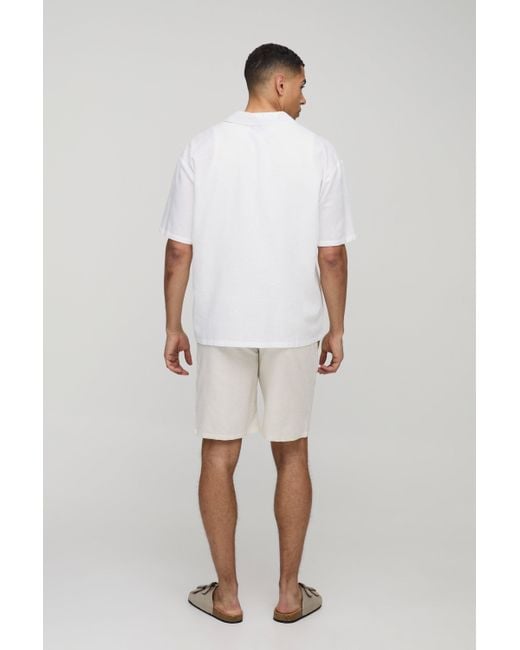 BoohooMAN White Elasticated Waist Relaxed Fit Mid Length Linen Blend Short for men