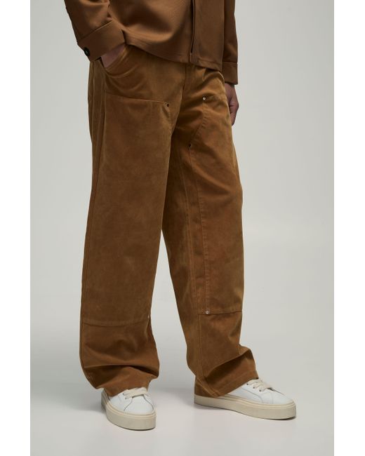 BoohooMAN Brown Fixed Waist Relaxed Fit Carpenter Heavyweight Suede Trousers for men