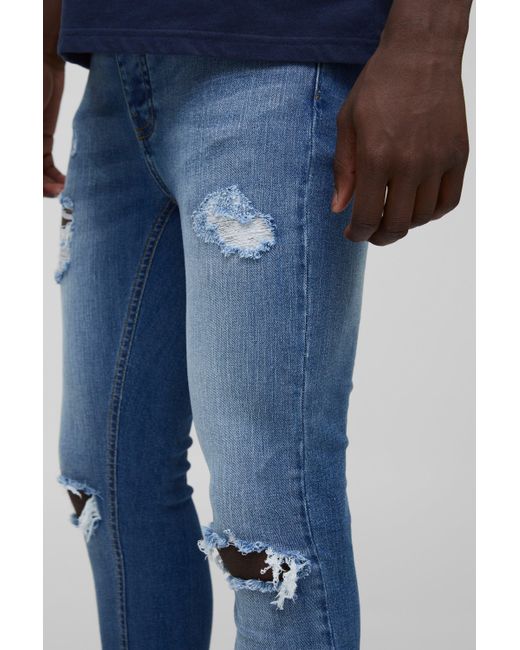 BoohooMAN Blue Super Skinny Washed Ripped Jeans for men