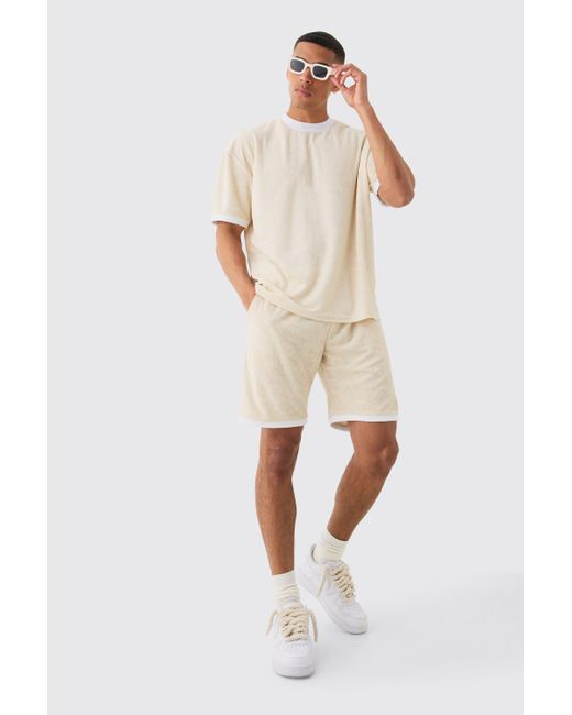 BoohooMAN Natural Oversized Extended Neck Contrast Towelling T-shirt & Shorts for men