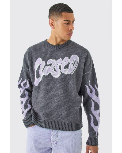 BoohooMAN Blue Oversized Boxy Brushed Graphic Knitted Jumper for men
