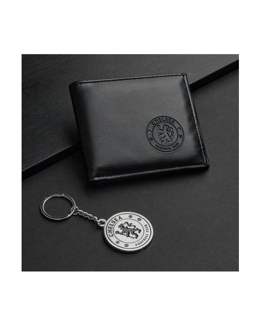 BoohooMAN Chelsea Fc Black Pu Wallet & Gold Keyring Set for men