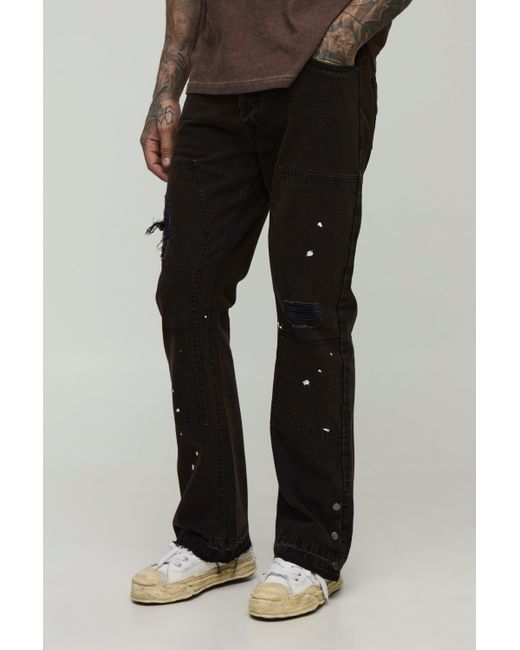 BoohooMAN Black Tall Slim Flared Ripped Carpenter Split Hem Jeans for men