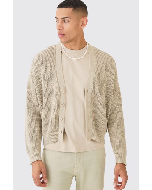 BoohooMAN Boxy Fit Ribbed Fisherman Knit Cardigan in Natural für Herren