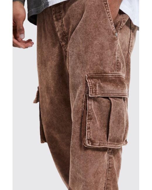 BoohooMAN Brown Acid Wash Cord Relaxed Fit Cargo Trousers for men