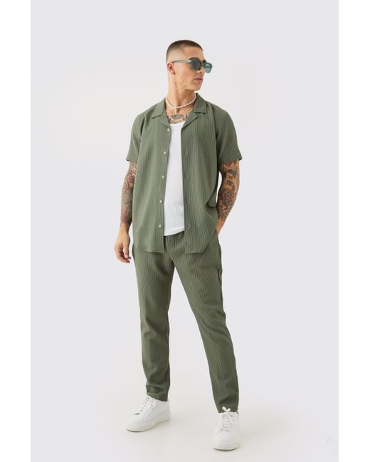 BoohooMAN Green Seersucker Revere Collar Shirt & Pants Set for men