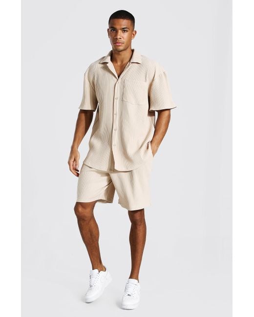 BoohooMAN Short Sleeve Pleated Shirt Short Set in Natural for Men | Lyst