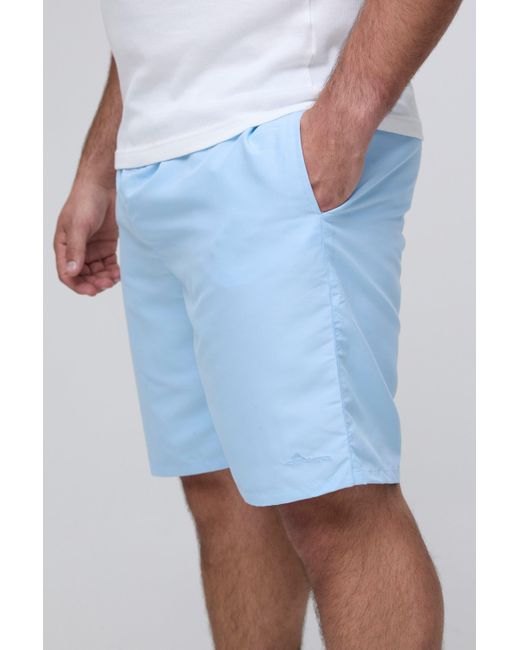 BoohooMAN Plus lange Badehose mit Logo in Blue für Herren