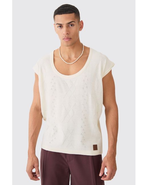 BoohooMAN Natural Relaxed Cable Knitted Tank for men