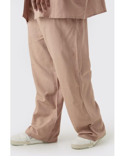 BoohooMAN Brown Plus Elasticated Waist Relaxed Linen Trouser In Taupe for men