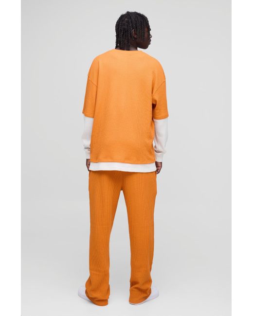 BoohooMAN Orange Oversized Faux Sleeve Waffle Print T-Shirt for men