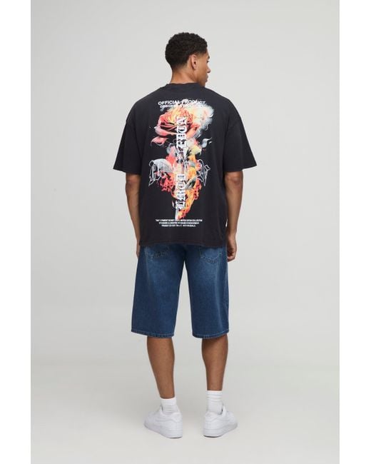 BoohooMAN Blue Washed Extended Neck Oversized Gothic Rose Printed T-Shirt for men