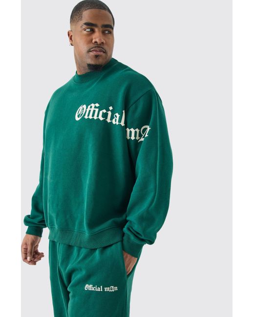BoohooMAN Green Plus Oversized Boxy Slogan Sweatshirt Tracksuit for men