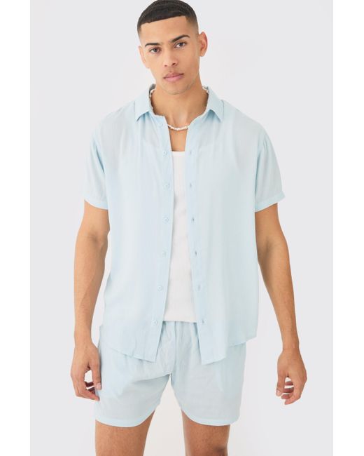 BoohooMAN Short Sleeve Cheese Cloth Shirt And Short Set in Blue für Herren