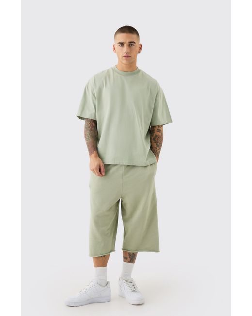 BoohooMAN Green Oversized Extended Neck Boxy Heavyweight Tshirt & Shorts Set for men