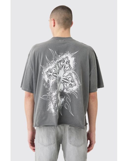 BoohooMAN Gray Oversized Boxy Raw Hem Washed Cross Print T-shirt for men