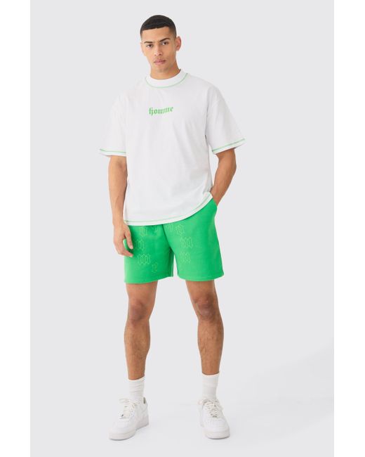 BoohooMAN Green Oversized Graphic Heart Contrast Stitch T-shirt & Short Set for men