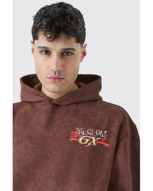 BoohooMAN Brown Oversized Washed Yugioh Gx License Hoodie for men