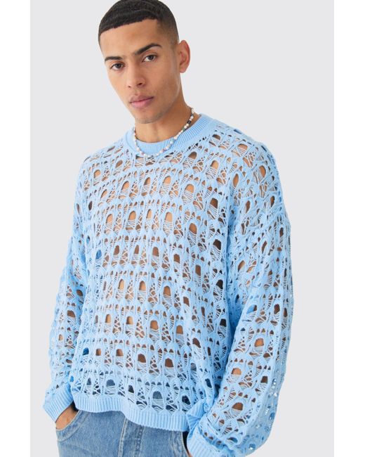 BoohooMAN Oversized Boxy Drop Shoulder Open Knit Sweater In Blue for men