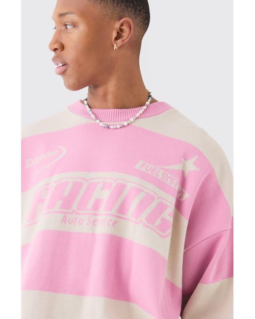 BoohooMAN Pink Oversized Boxy Drop Shoulder Moto Knit Jumper for men