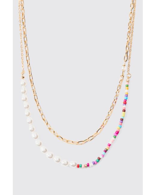 Boohoo White 2 Pack Multi Beaded Pearl Necklaces In Gold