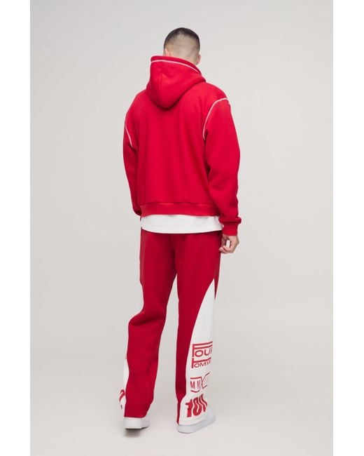 BoohooMAN Kastiger Oversize Moto-Hoodie mit Kontrast-Naht und Reißverschluss in Red für Herren