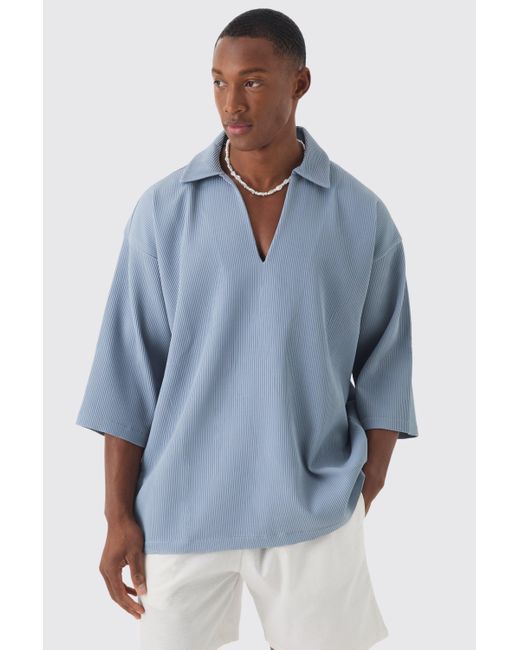 BoohooMAN Blue Pleated Oversized Boxy V Neck Shirt for men