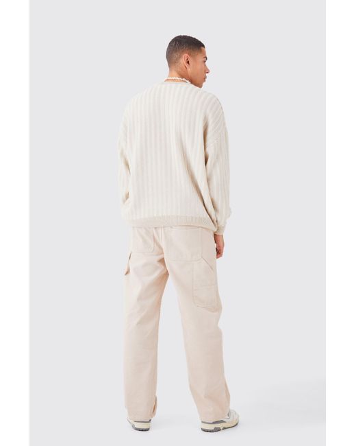 BoohooMAN White Oversized Crew Neck Two Tone Rib Knitted Jumper for men