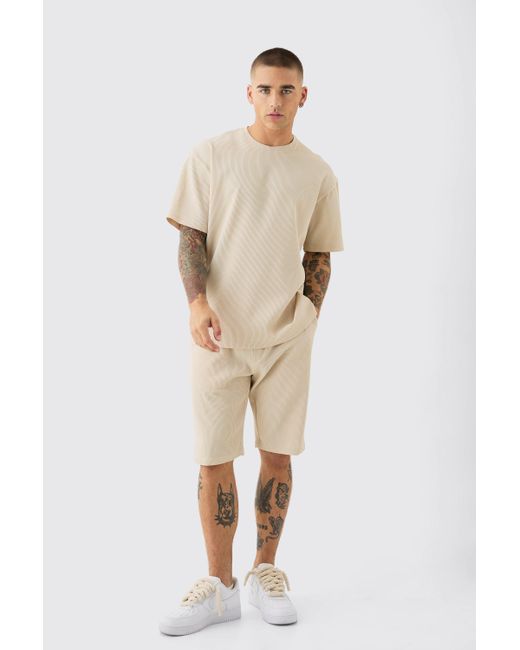 BoohooMAN Natural Textured Pleated Oversized Tee & Short Set for men