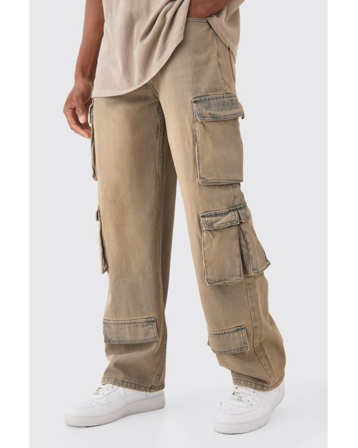 BoohooMAN Natural Baggy Rigid Grey Tinted Multi Cargo Pocket Jeans for men