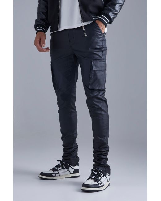 BoohooMAN Black Tall Skinny Stacked Coated Twill Cargo Trouser for men