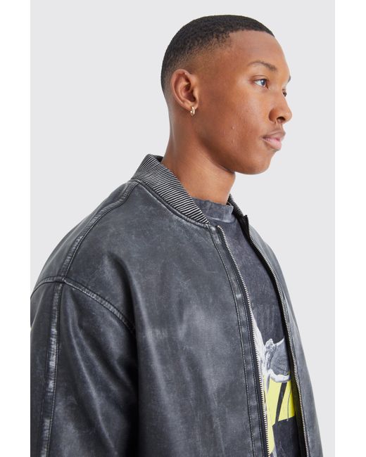 BoohooMAN Gray Washed Pu Bomber Jacket for men