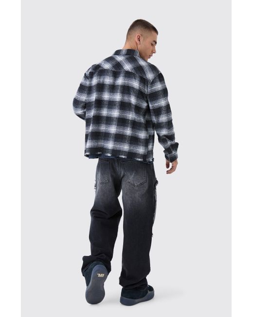 BoohooMAN Blue Oversized Boxy Distressed Hem Plaid Shirt for men